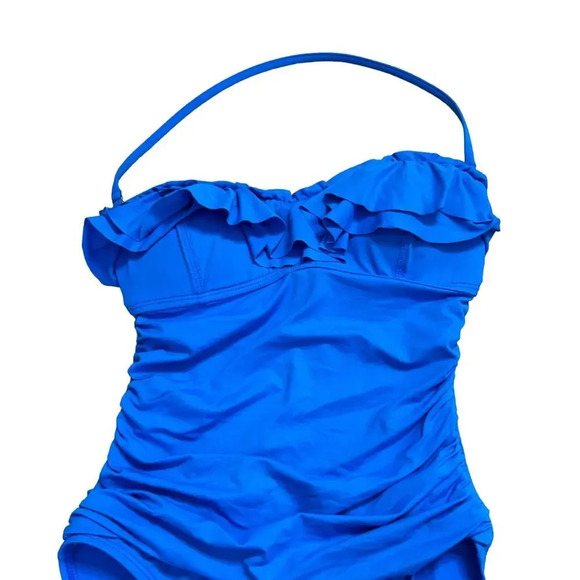 La Blanca Island Goddess Ruched Front Bandeau One Swimsuit Royal Blue Sz 8 - Picture 3 of 9